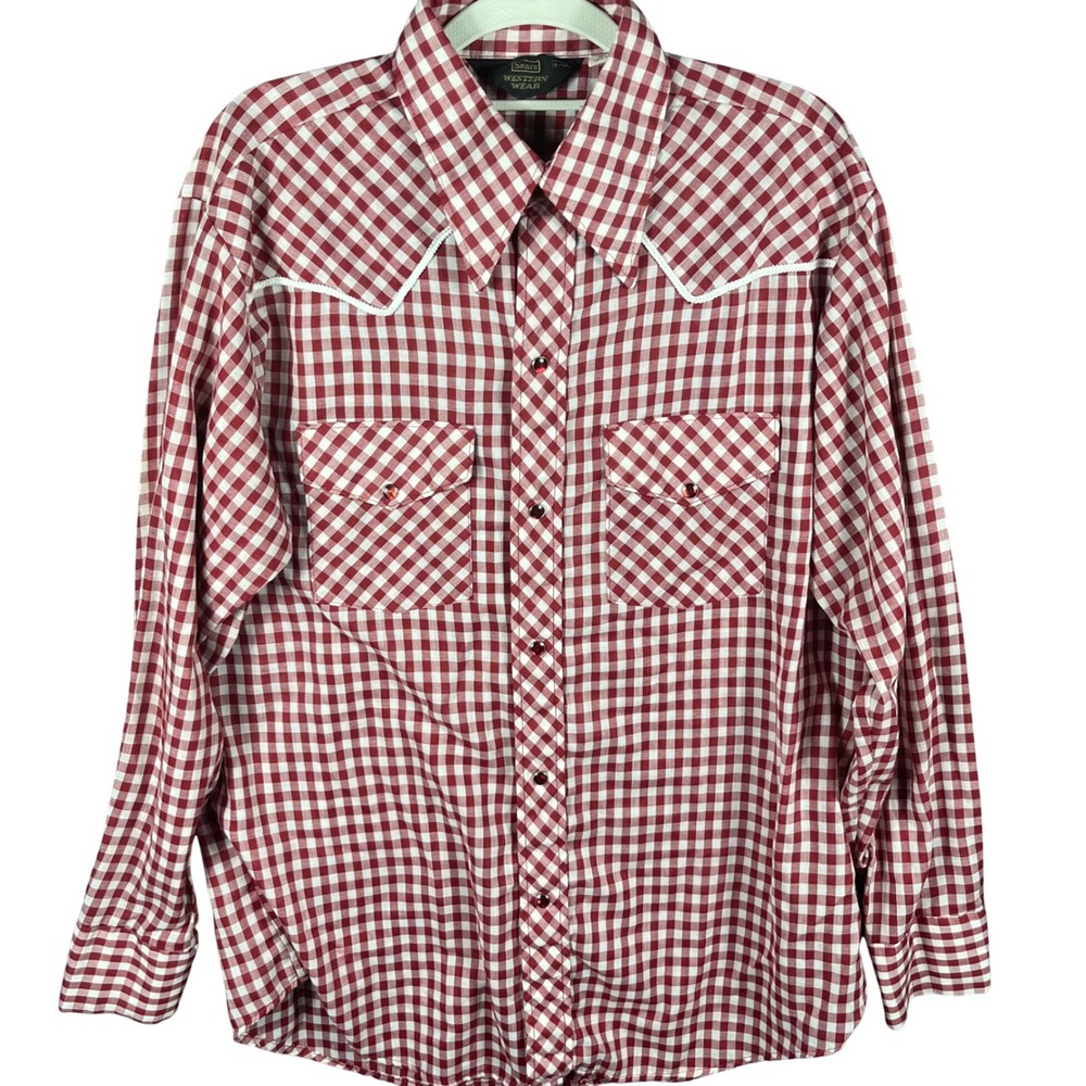 Sears Western Wear Shirt Mens Large Red Gingham Pearl Snap Vintage 50737-005